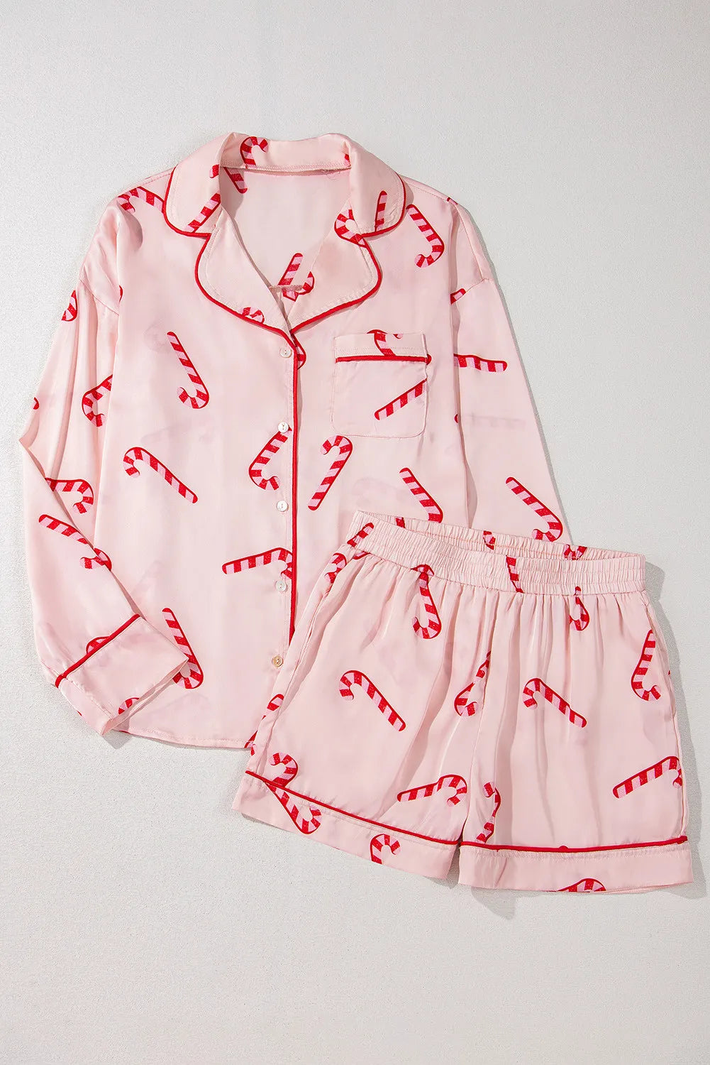 PREORDER: Peppermint Cozy Candy Cane Collared Neck Long Sleeve Top and Shorts Lounge Set