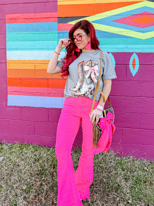 Buy our "Fiona High Waisted Bell Bottom Flare Jeans - Pink" online – Willow Boutique Clothing. Shop stylish Fiona High Waisted Bell Bottom Flare Jeans - Pink today.