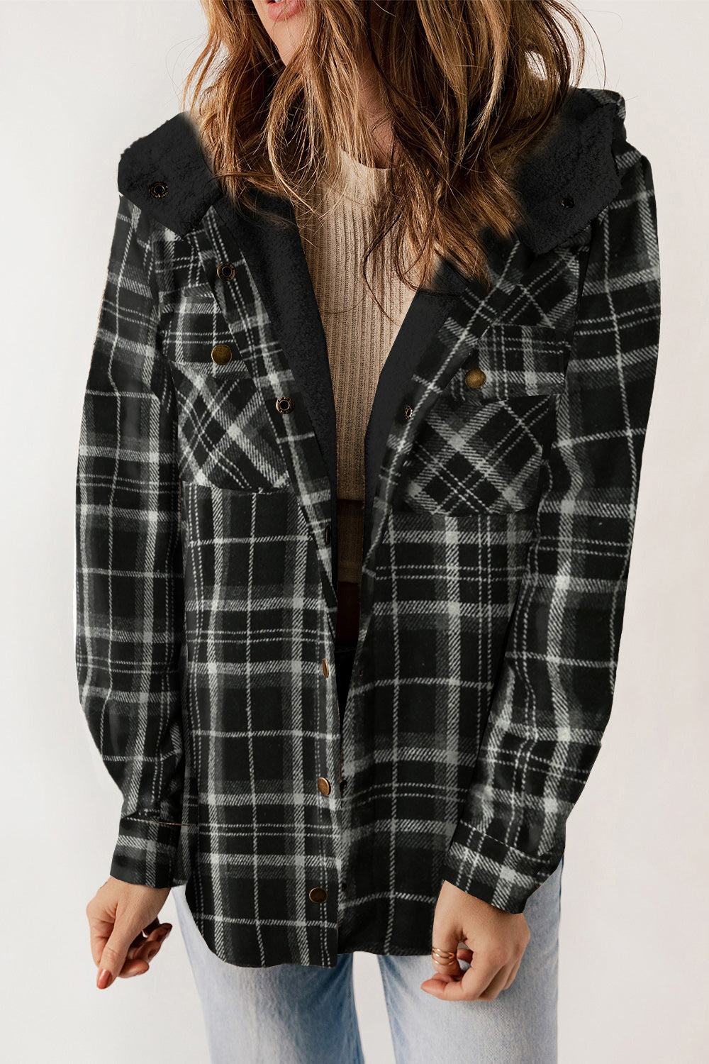 PREORDER: Cozy Goals Plaid Snap Down Hooded Jacket