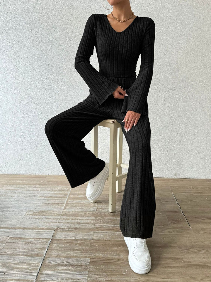 PREORDER: Megan Ribbed V-Neck Long Sleeve Top and Pocketed Pants Set