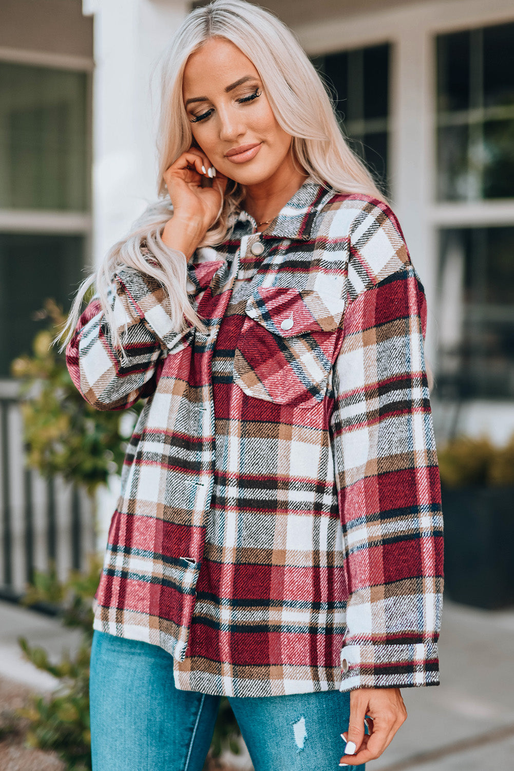 PREORDER: Aspen Plaid Button Front Shirt Jacket with Breast Pockets