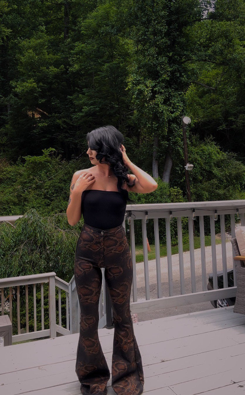 Fiona High Waisted Bell Bottom Flare Jeans - Snakeprint