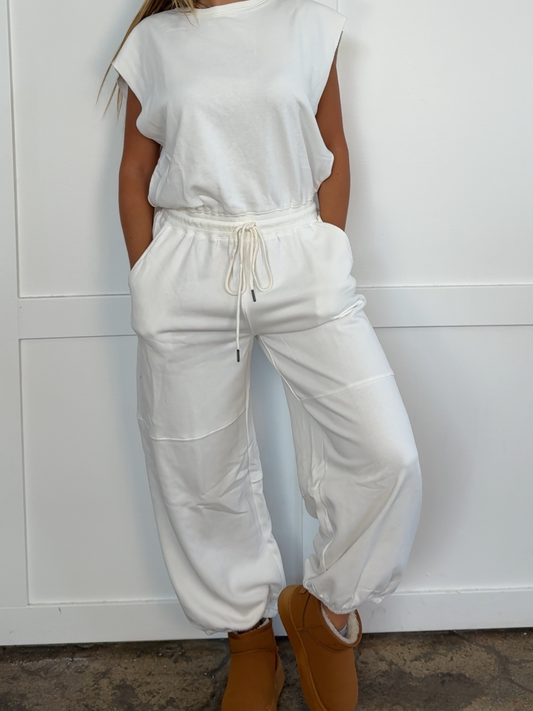 Rae Sleeveless Drawstring Waistline Jumpsuit - Cream