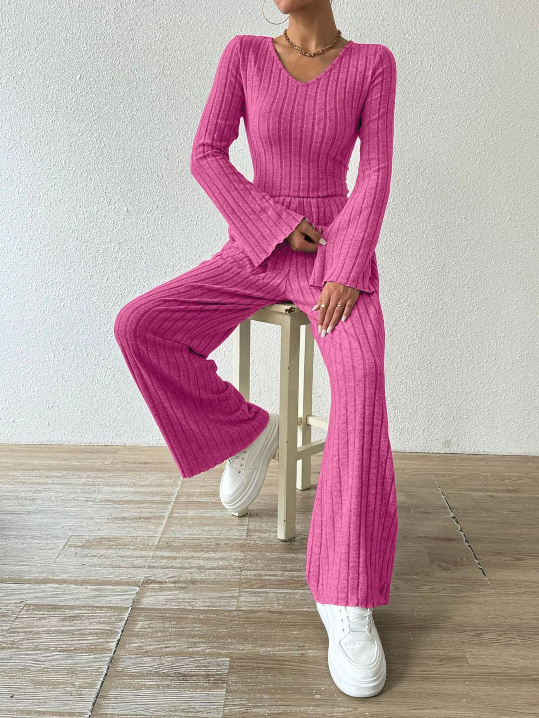 PREORDER: Megan Ribbed V-Neck Long Sleeve Top and Pocketed Pants Set