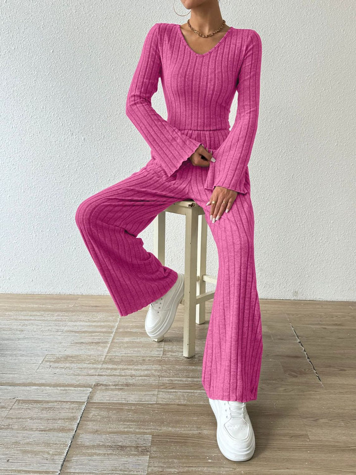 PREORDER: Megan Ribbed V-Neck Long Sleeve Top and Pocketed Pants Set