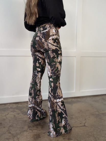 Fiona High Waisted Bell Bottom Flare Jeans - Camo