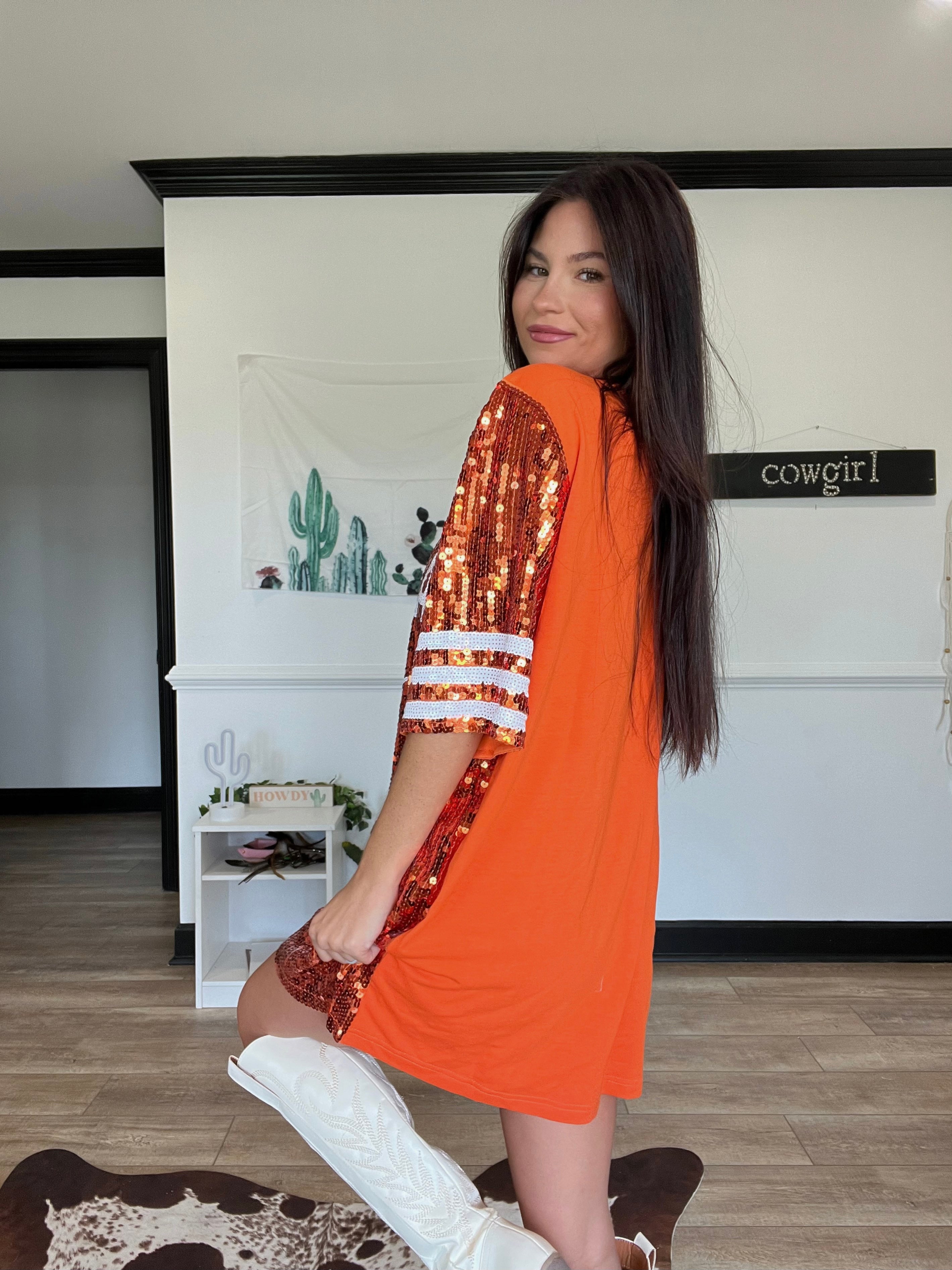 Game Day Vibes Script T- Shirt Dress- Orange/White