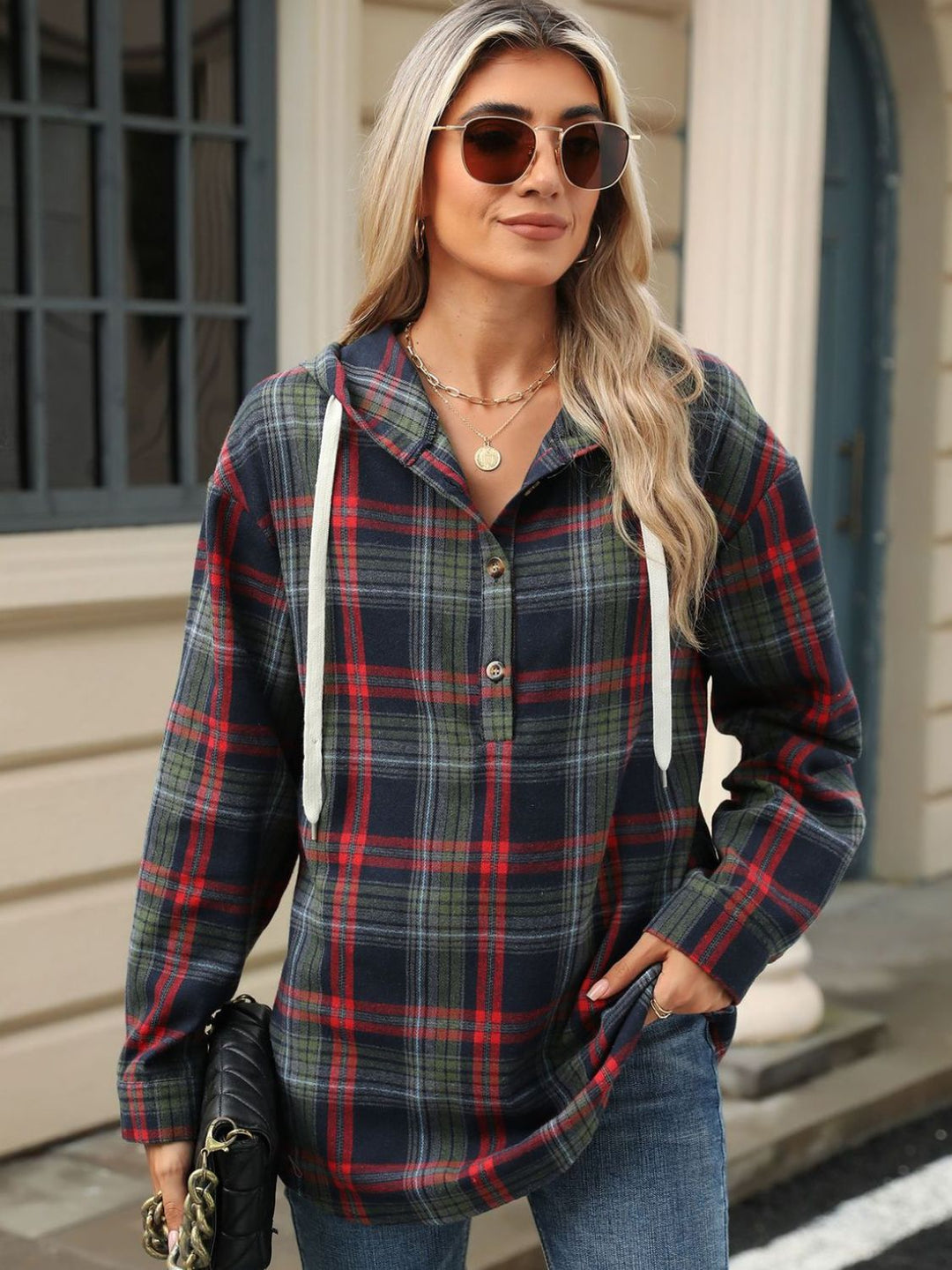 PREORDER: Darcy Drawstring Plaid Hooded Long Sleeve Top