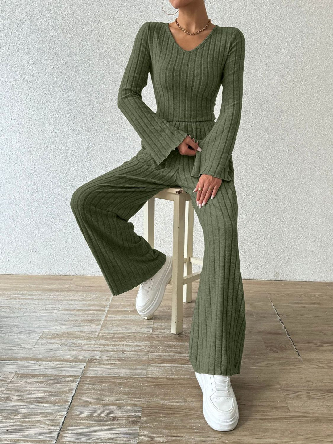 PREORDER: Megan Ribbed V-Neck Long Sleeve Top and Pocketed Pants Set