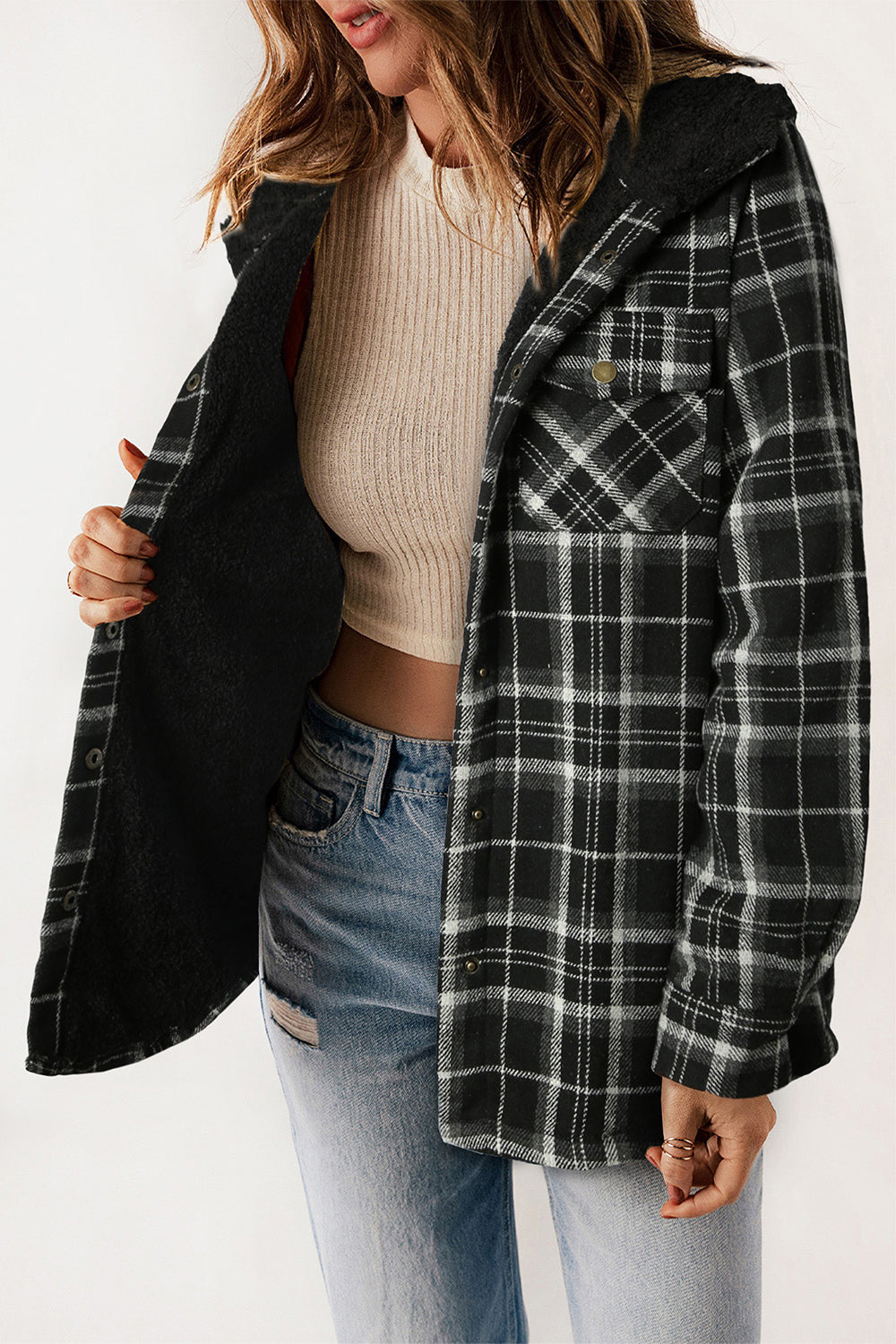 PREORDER: Cozy Goals Plaid Snap Down Hooded Jacket