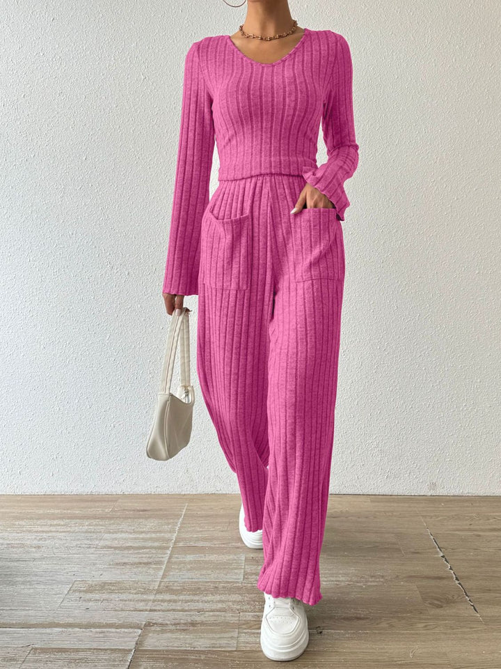 PREORDER: Megan Ribbed V-Neck Long Sleeve Top and Pocketed Pants Set