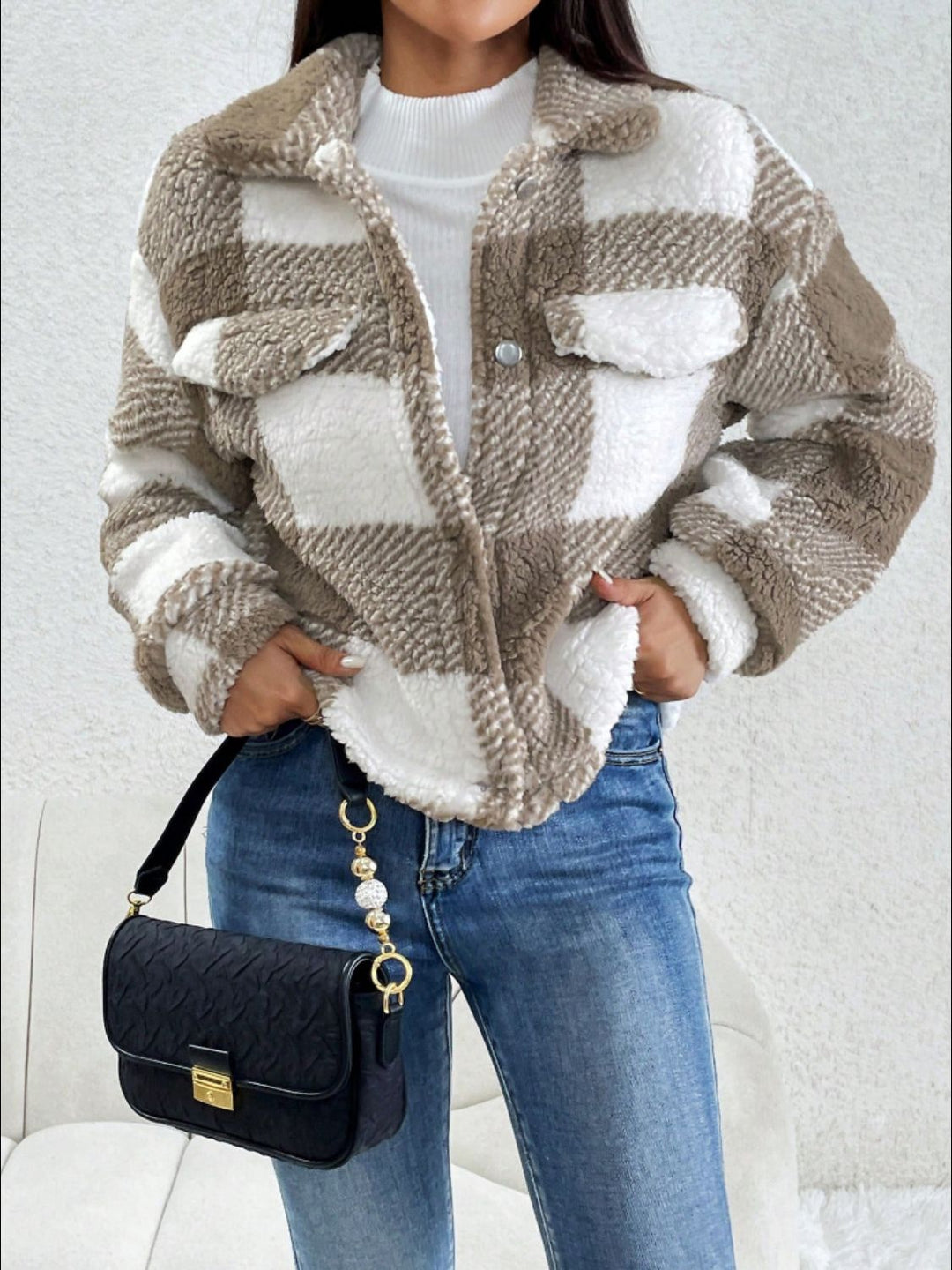 PREORDER: Stylish Statement Decorative Pocket Flap Plaid Long Sleeve Jacket