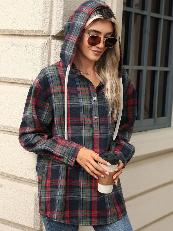 PREORDER: Darcy Drawstring Plaid Hooded Long Sleeve Top