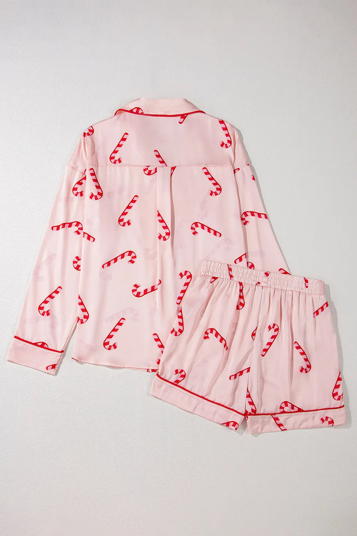 PREORDER: Peppermint Cozy Candy Cane Collared Neck Long Sleeve Top and Shorts Lounge Set