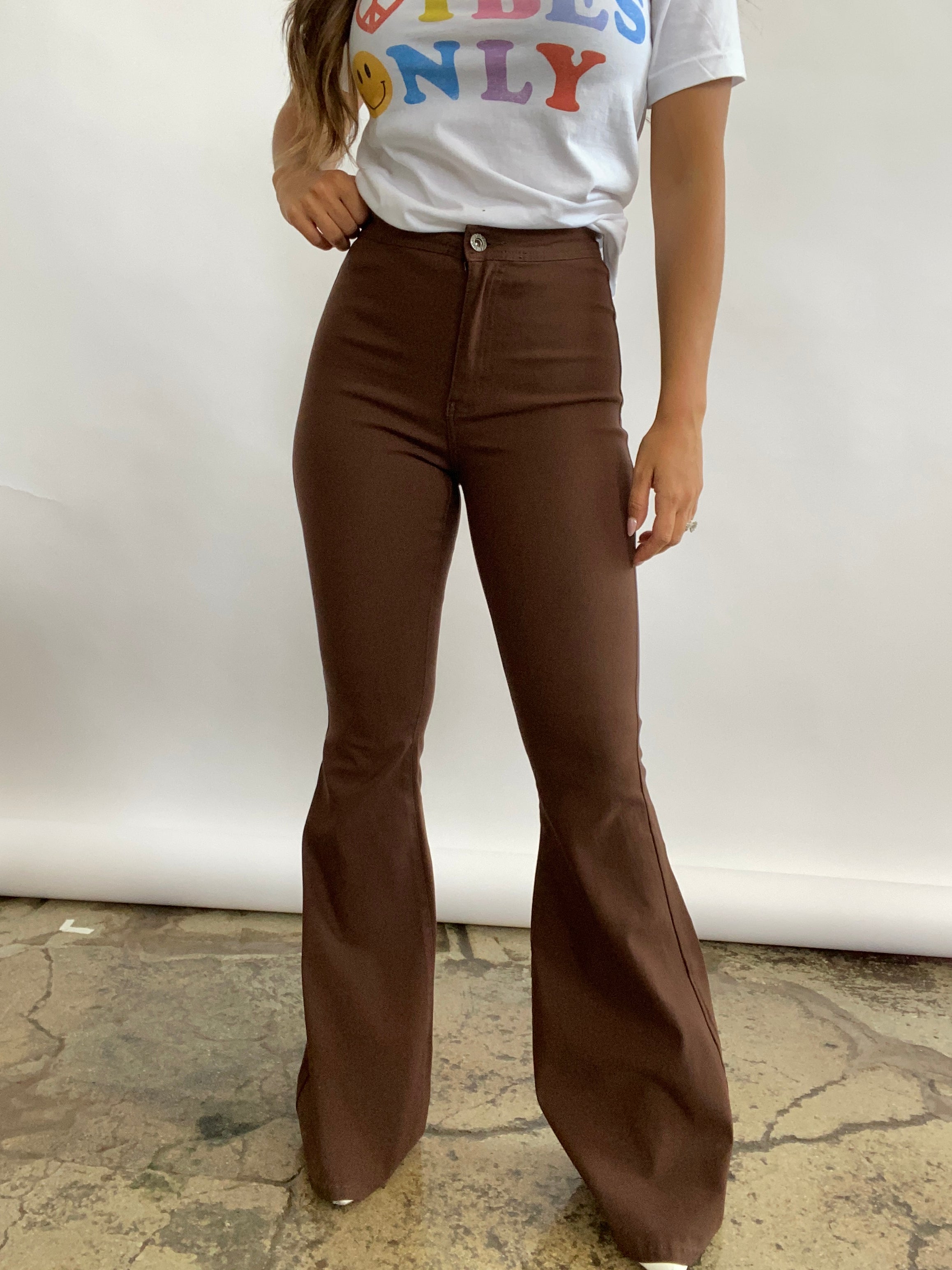 Fiona High Waisted Bell Bottom Flare Jeans - Chocolate Brown