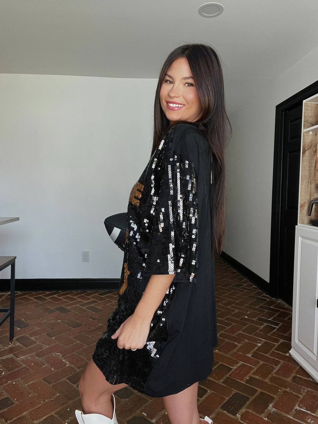 Black Game Day Football Sequin Shirt Dress