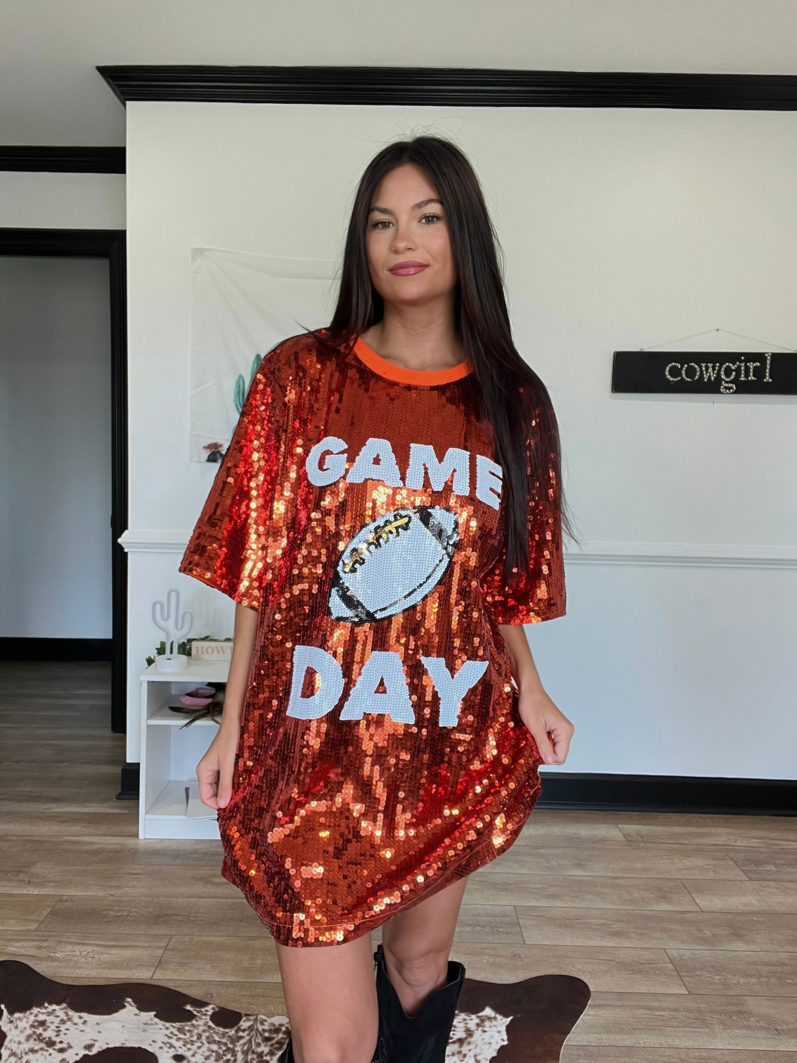 Game Day Football Sequin T-Shirt Dress- Orange/White