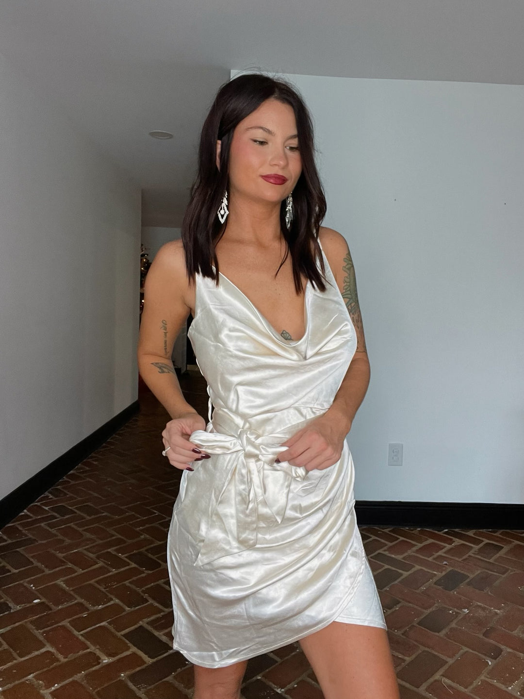 Jennifer Cowl Neck Bodycon Satin Fabric Mini Dress - White