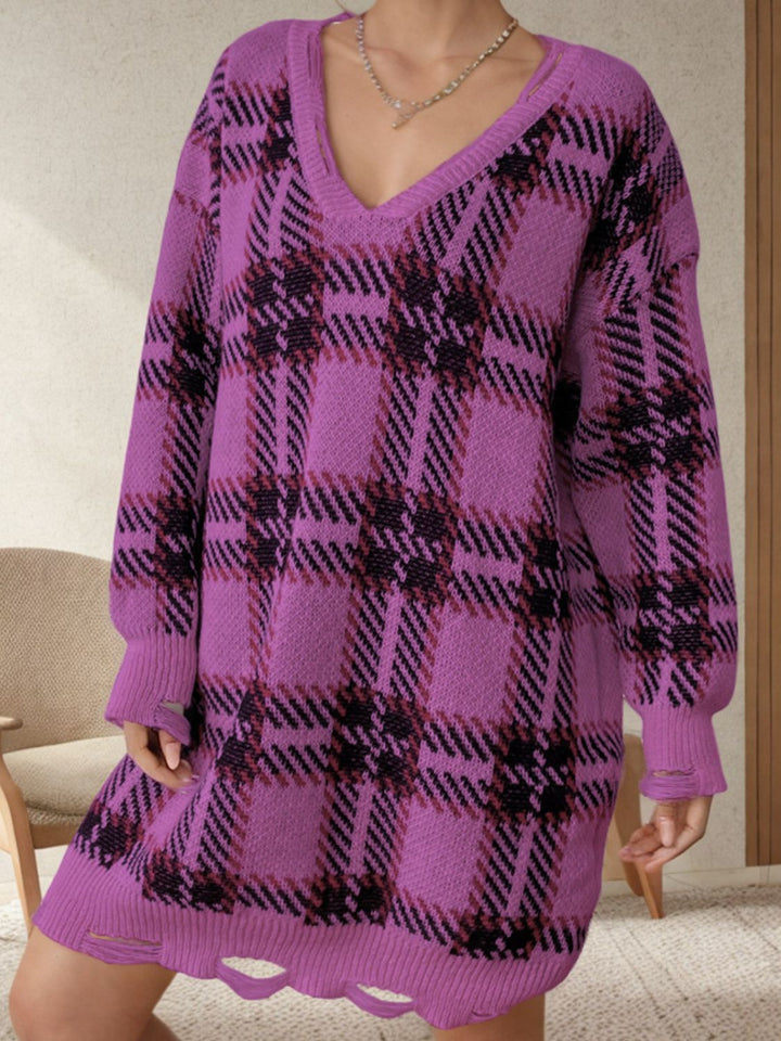 PREORDER: Lydia Distressed Plaid V-Neck Long Sleeve Sweater Dress