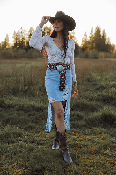 Harper Heavily Distressed Denim Maxi Skirt