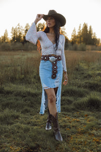 Harper Heavily Distressed Denim Maxi Skirt