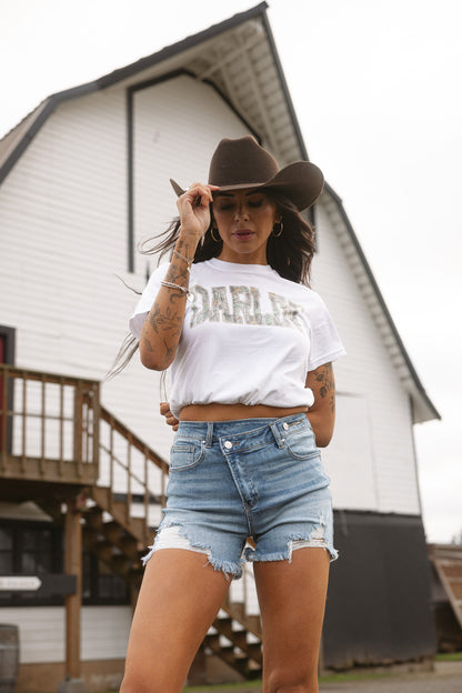 Lindsey Asymmetrical Distressed Shorts- Medium Wash