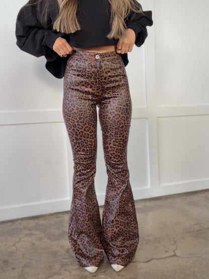 Fiona High Waisted Bell Bottom Flare Jeans - Brown Leopard