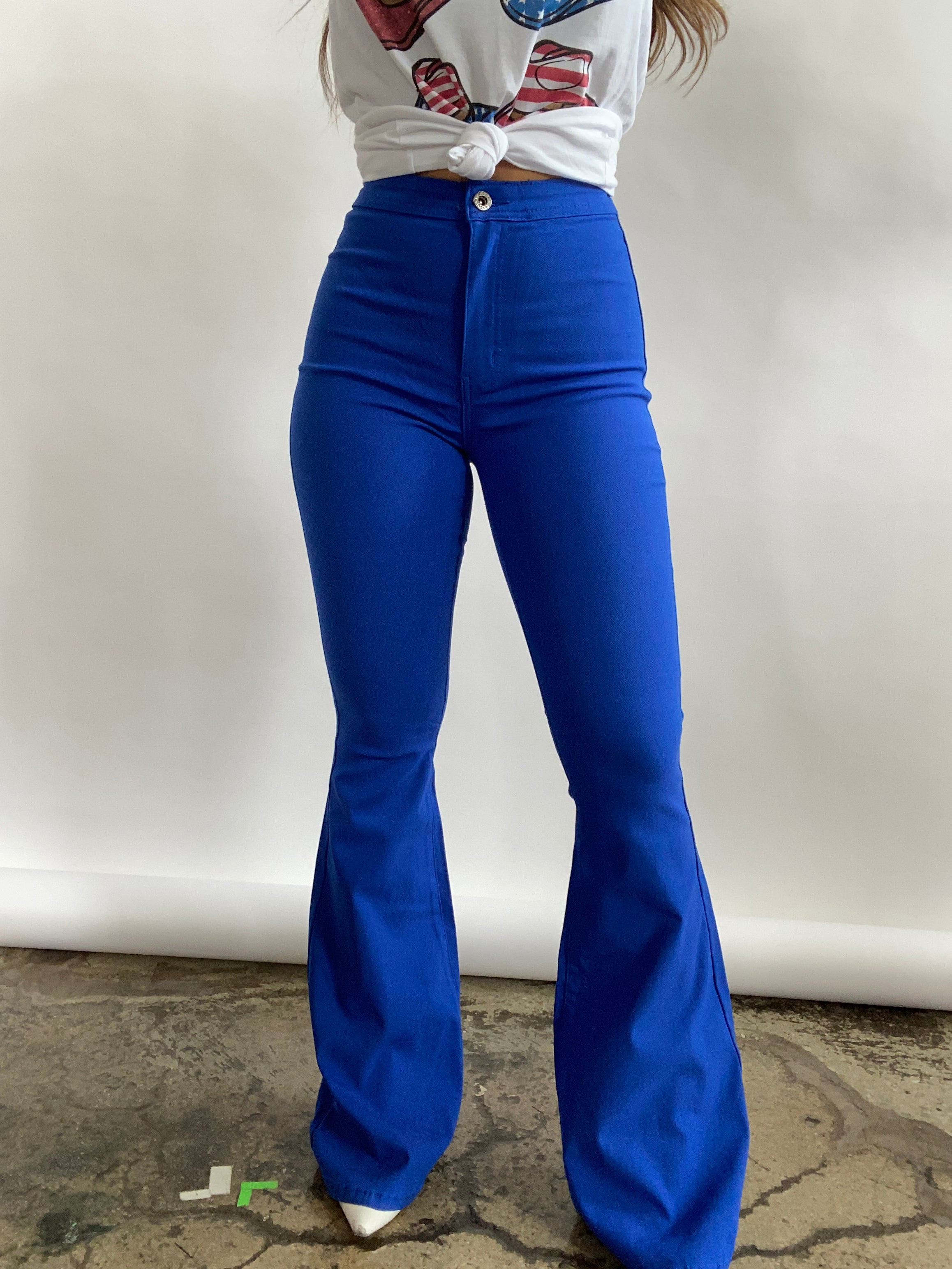 Fiona High Waisted Bell Bottom Flare Jeans - Royal Blue