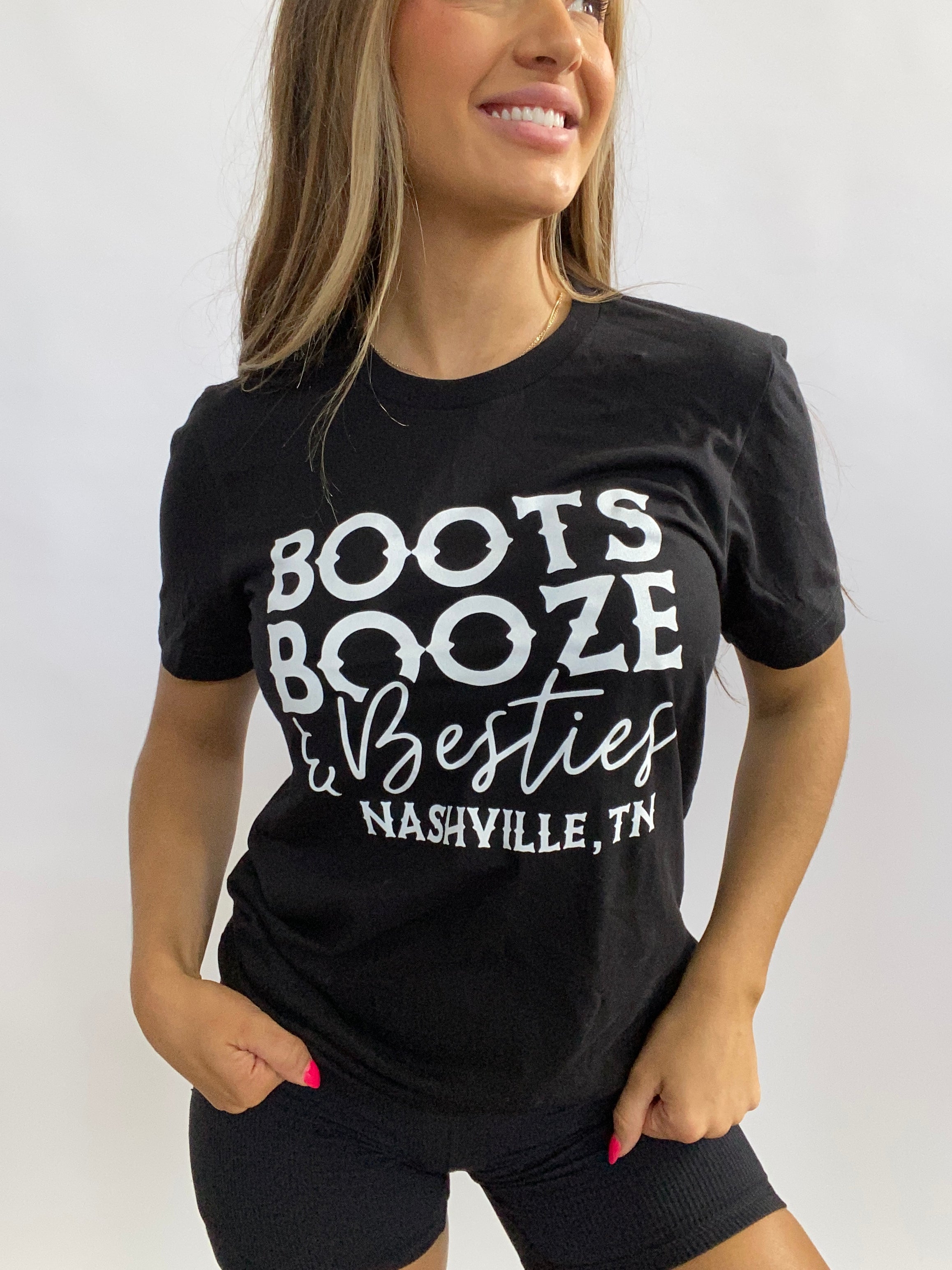 Boots Booze and Besties Graphic Tee- Black