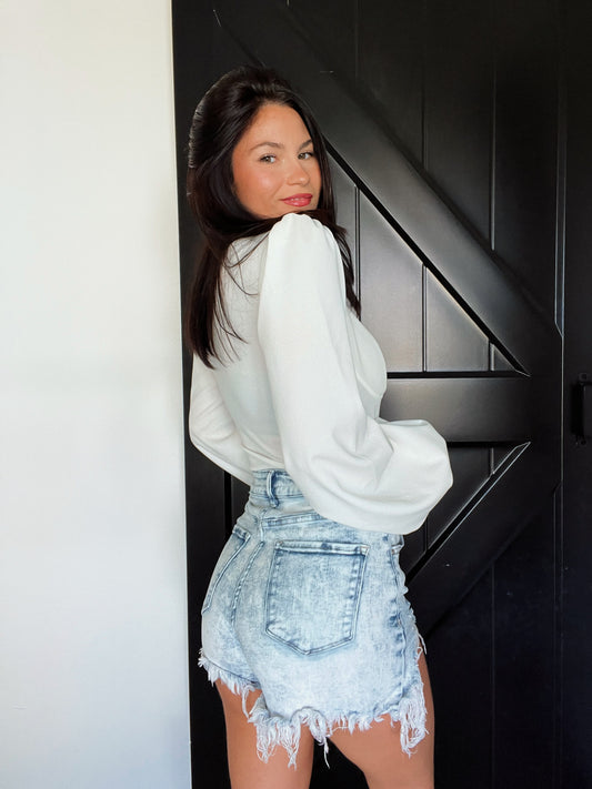 Lindsey Asymmetrical Distressed Shorts - Acid Light wash