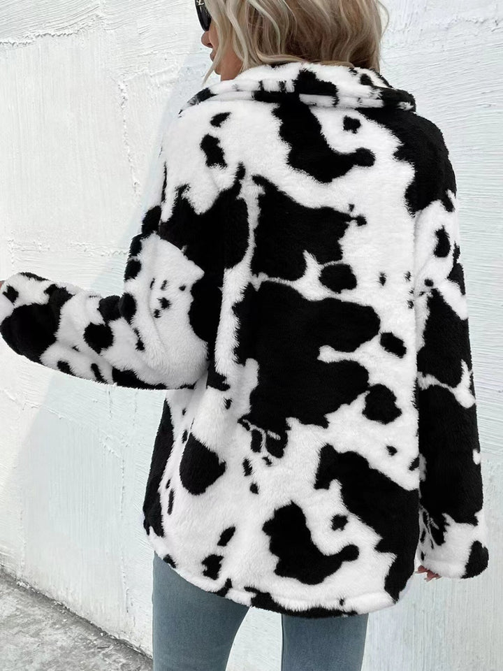 PREORDER: Cow Print Collared Neck Button Up Fuzzy Jacket