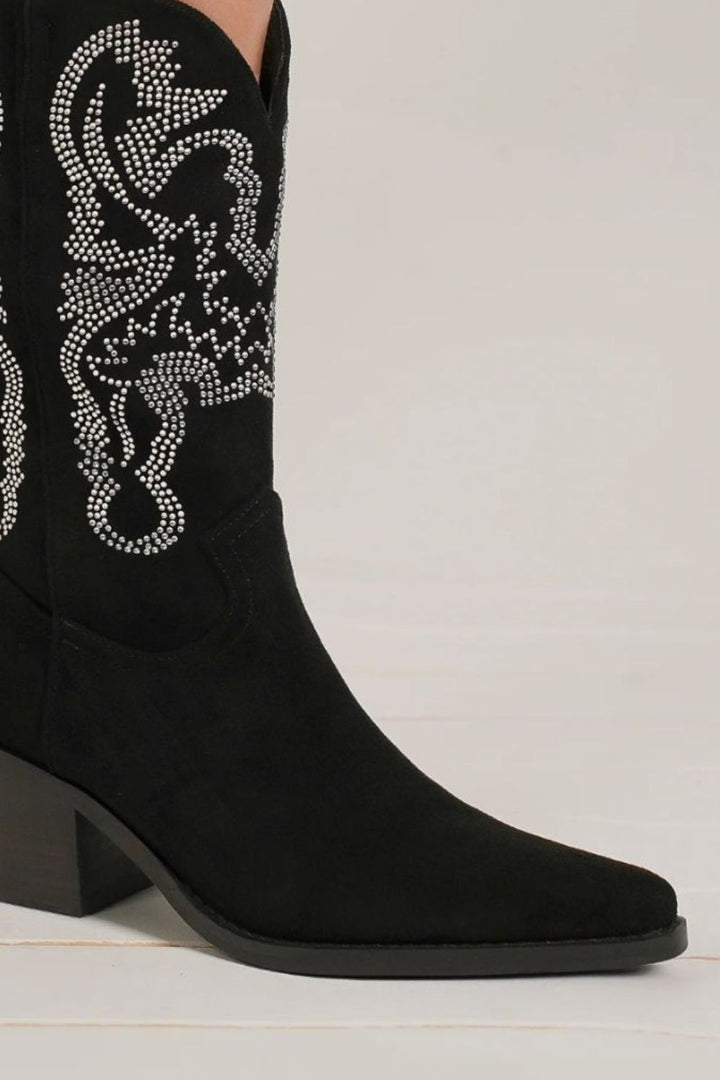 Tilly Rhinestone Point Toe Boots- Black