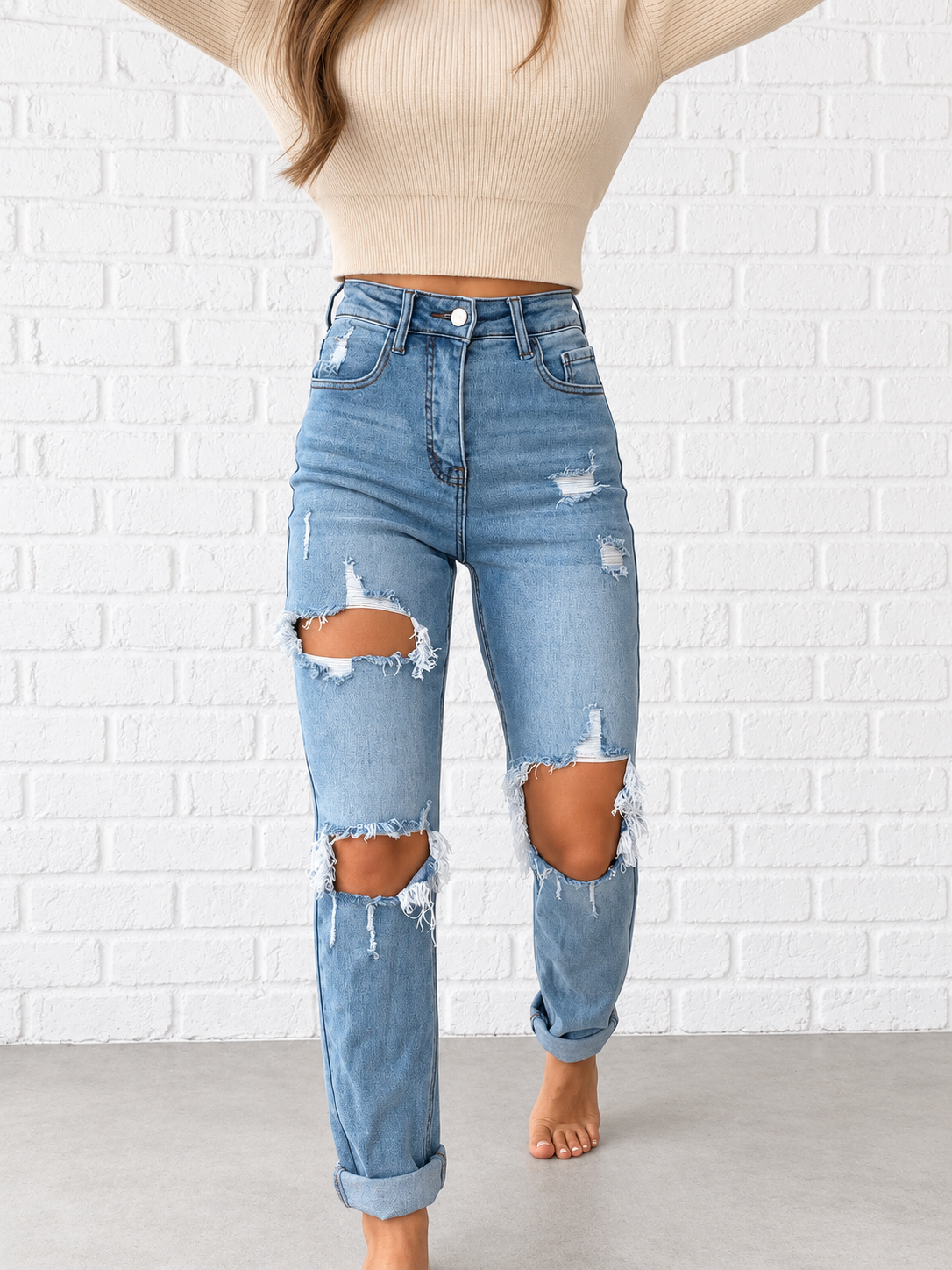 Lindsey Distressed Boyfriend Stretchy Jeans - Medium Wash