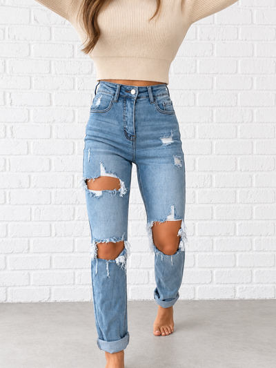 Lindsey Distressed Boyfriend Stretchy Jeans - Medium Wash