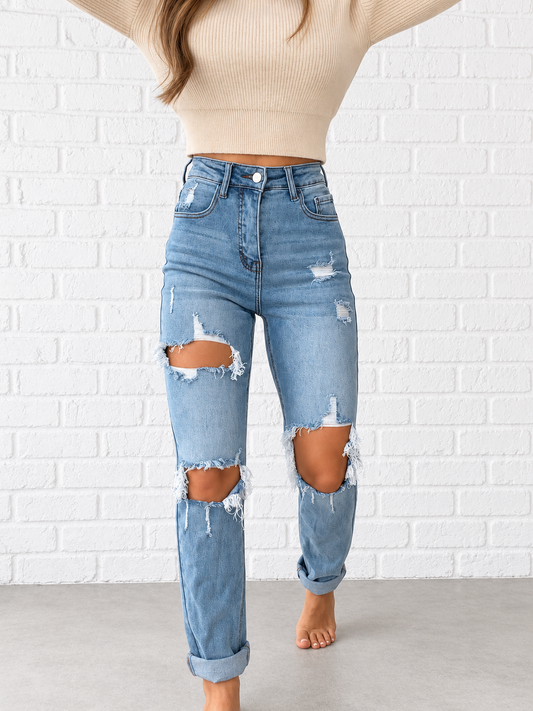 Lindsey Distressed Boyfriend Stretchy Jeans - Medium Wash