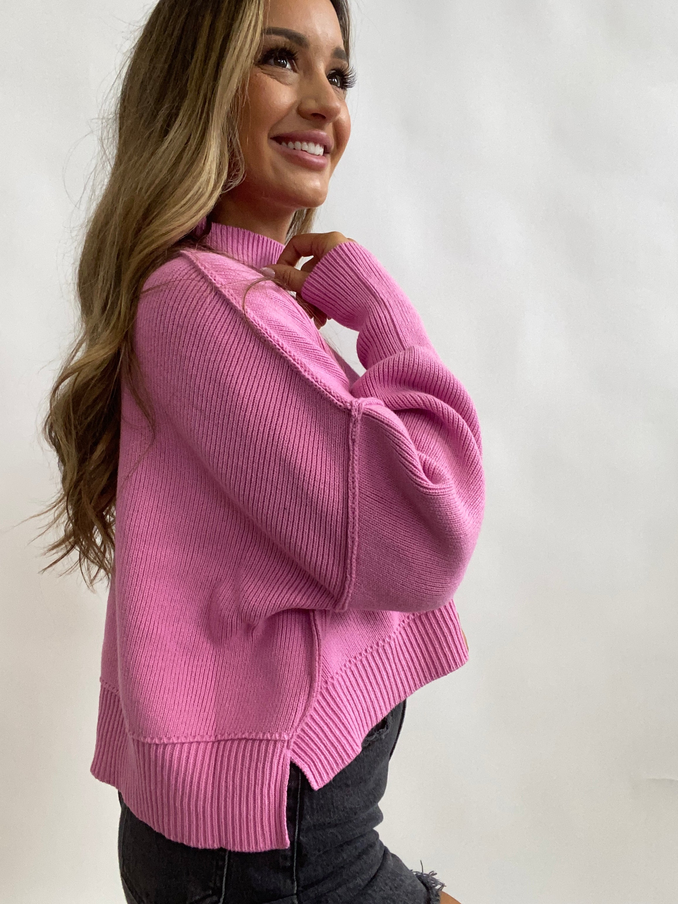 Side Slit Oversized Cropped Sweater- Candy Pink