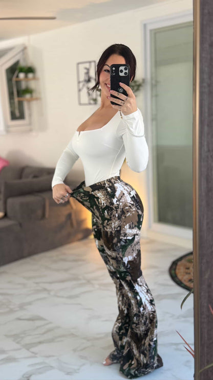 Fiona High Waisted Bell Bottom Flare Jeans - Camo