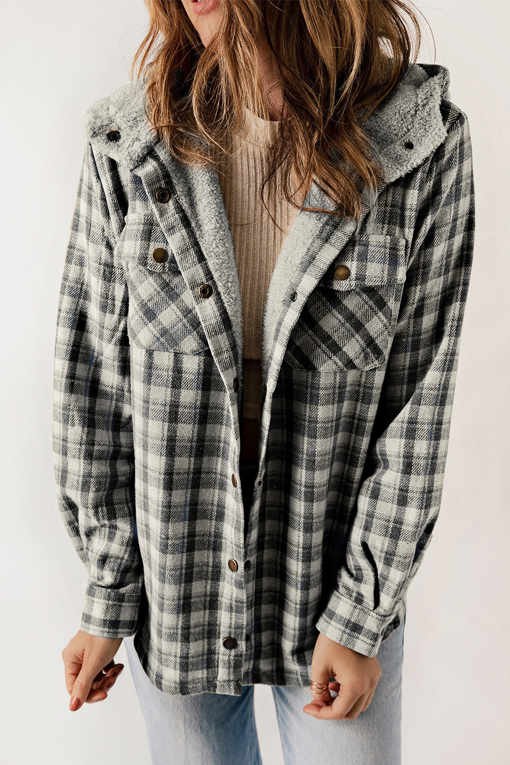 PREORDER: Cozy Goals Plaid Snap Down Hooded Jacket