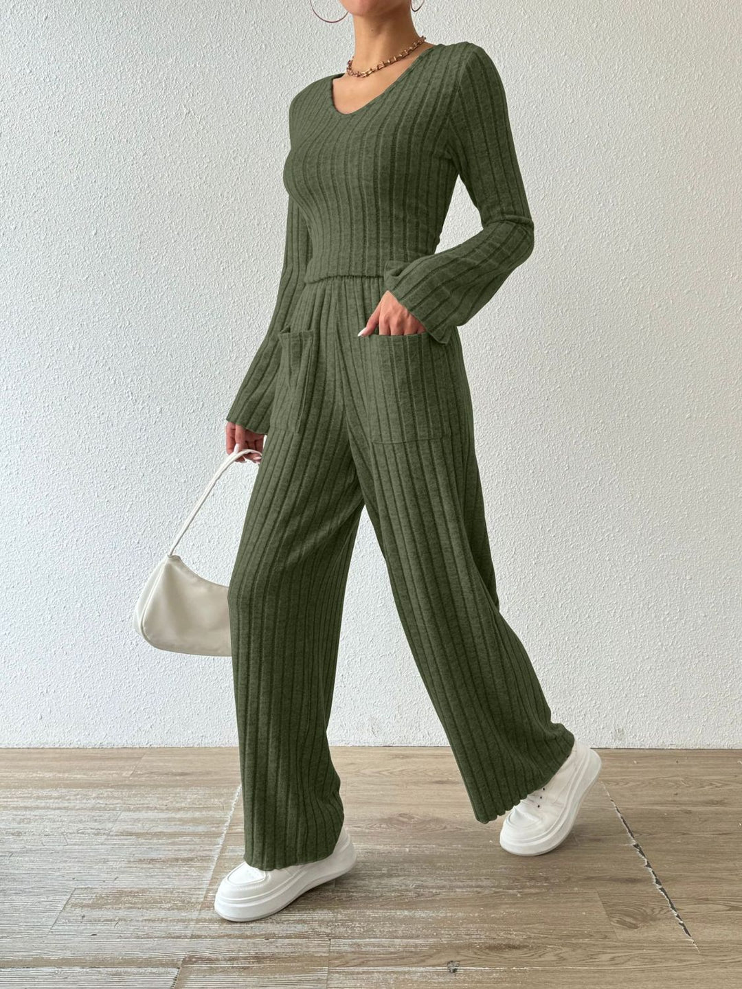 PREORDER: Megan Ribbed V-Neck Long Sleeve Top and Pocketed Pants Set