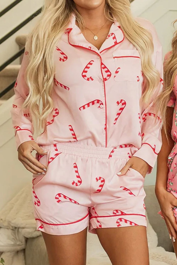 PREORDER: Peppermint Cozy Candy Cane Collared Neck Long Sleeve Top and Shorts Lounge Set