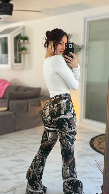 Fiona High Waisted Bell Bottom Flare Jeans - Camo