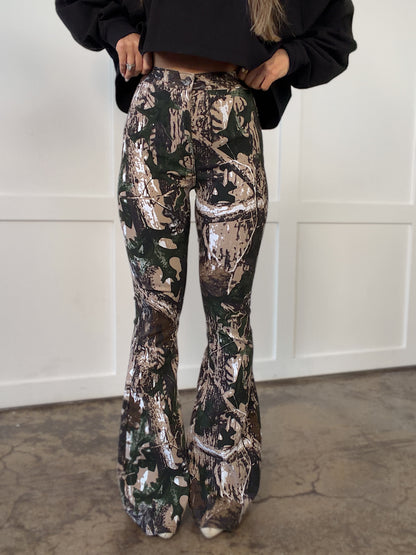 Fiona High Waisted Bell Bottom Flare Jeans - Camo