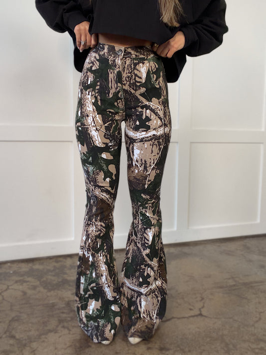 Fiona High Waisted Bell Bottom Flare Jeans - Camo