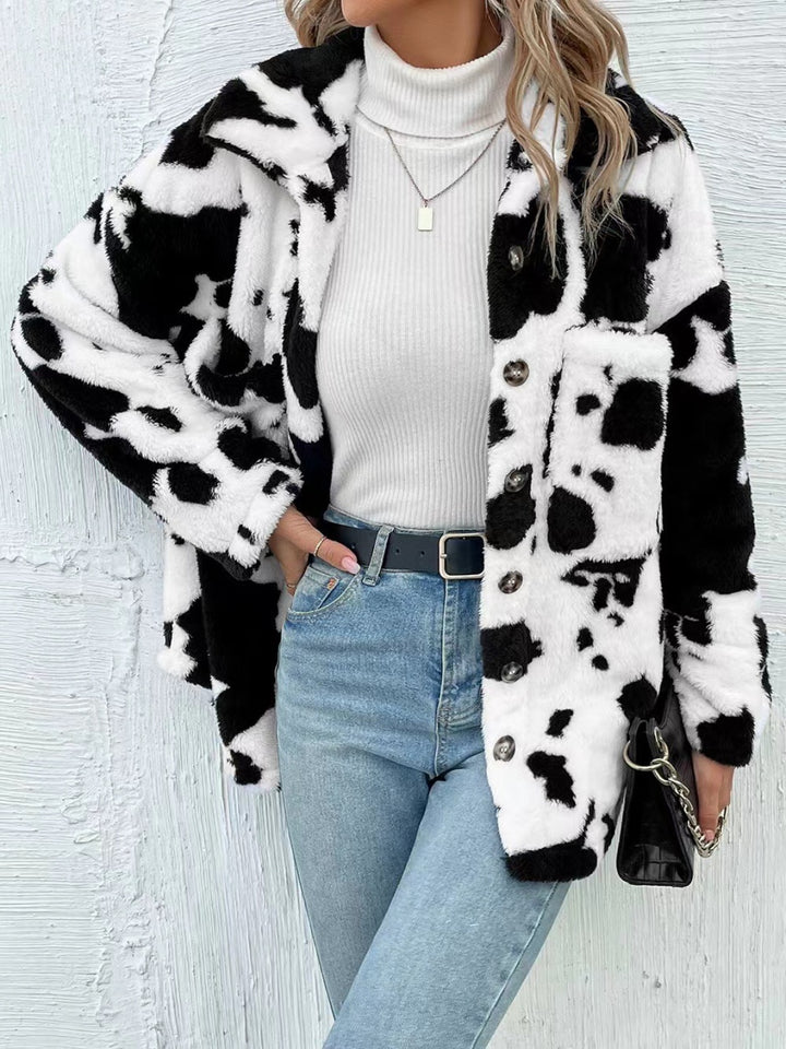 PREORDER: Cow Print Collared Neck Button Up Fuzzy Jacket