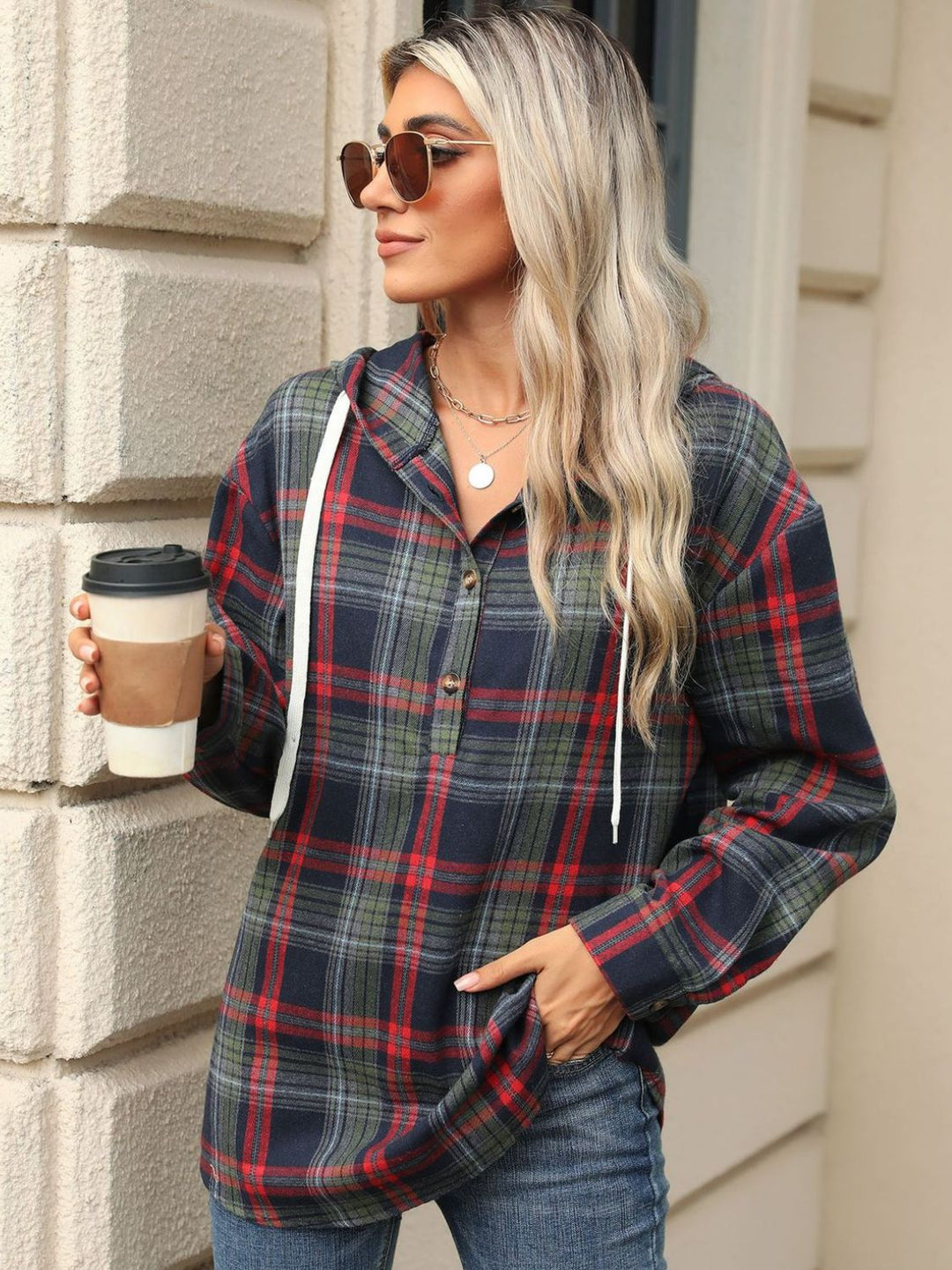 PREORDER: Darcy Drawstring Plaid Hooded Long Sleeve Top