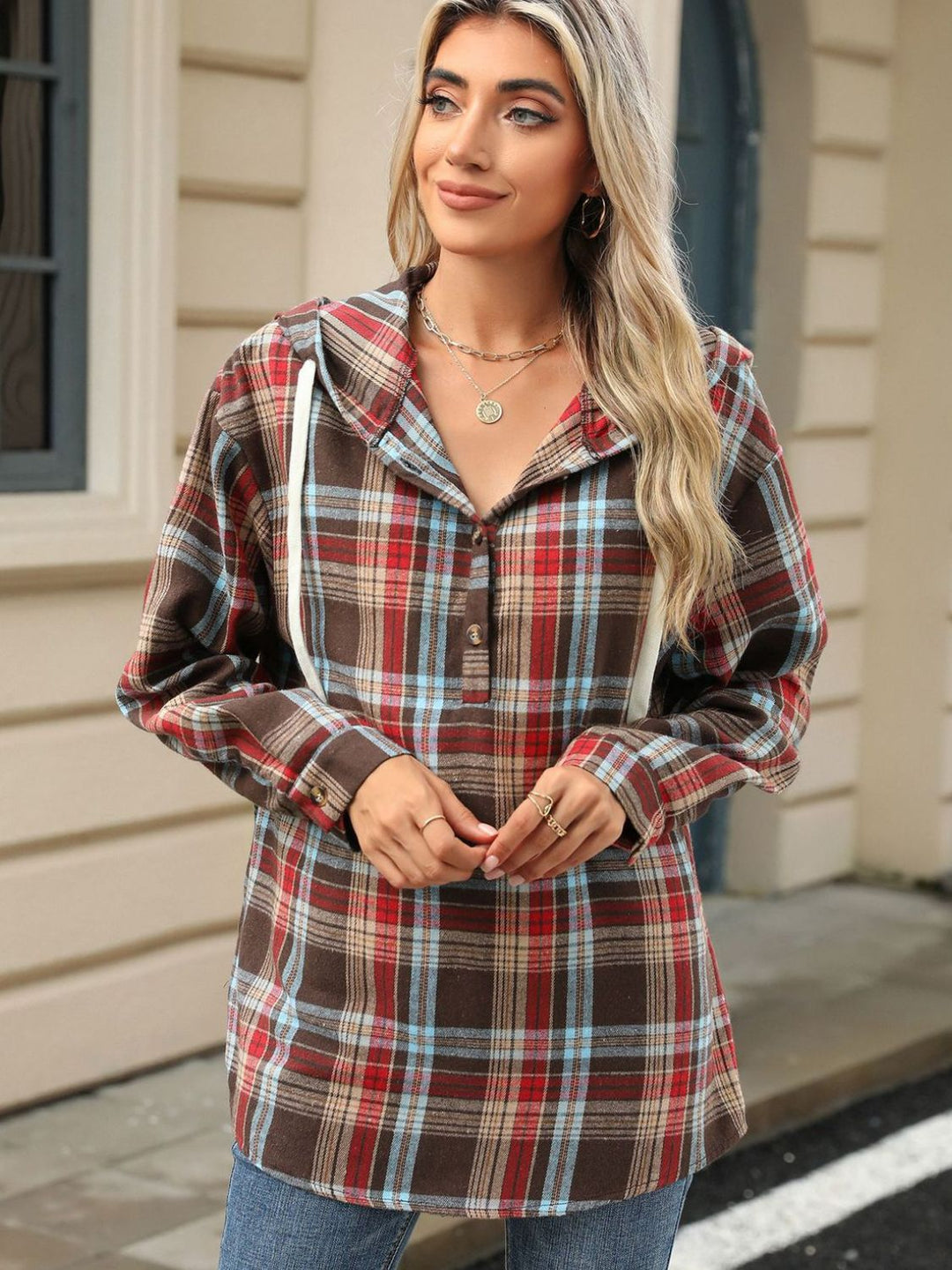 PREORDER: Darcy Drawstring Plaid Hooded Long Sleeve Top