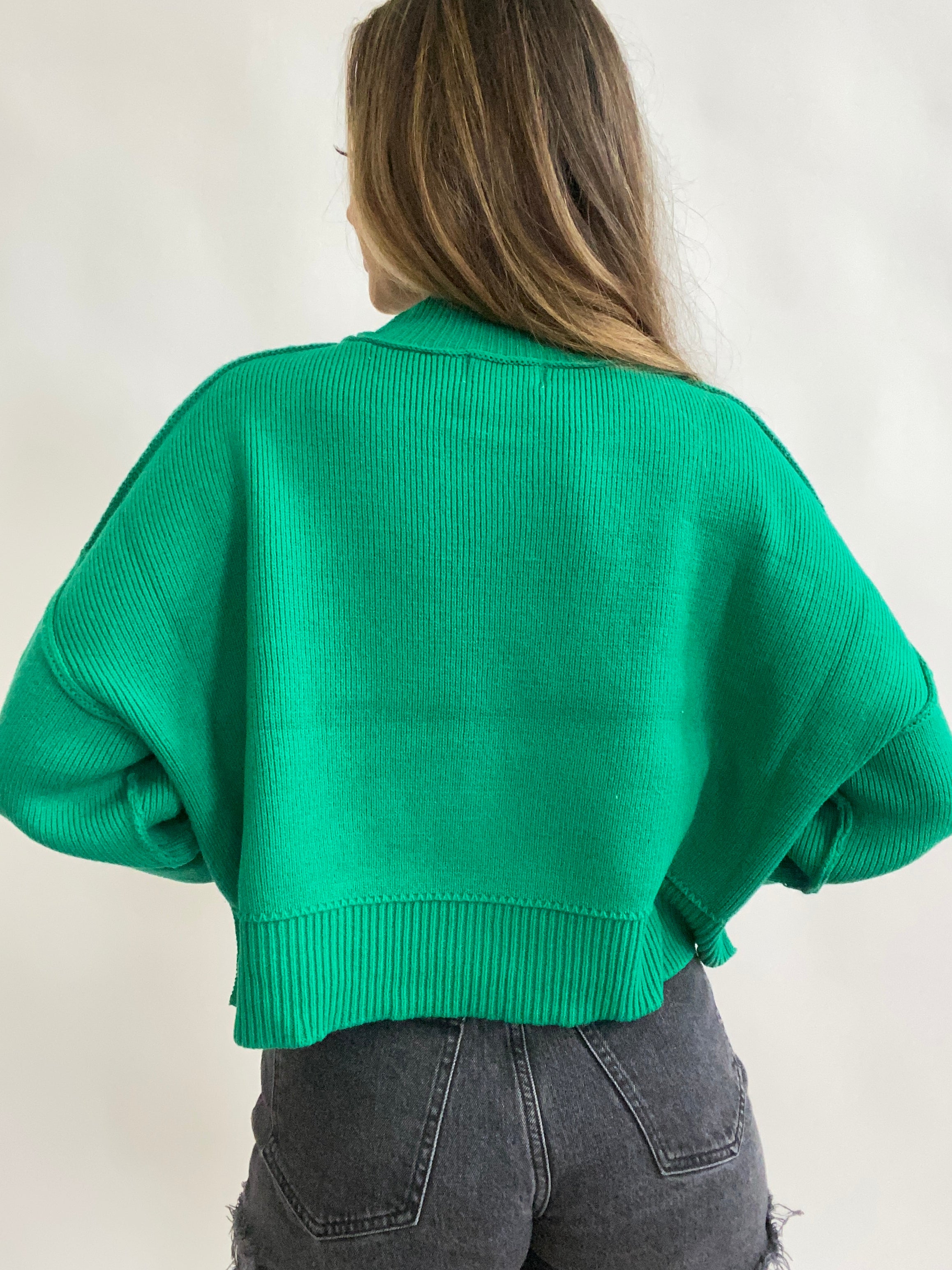 Side Slit Oversized Cropped Sweater- Kelly Green