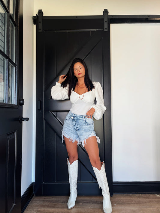 Lindsey Asymmetrical Distressed Shorts - Acid Light wash