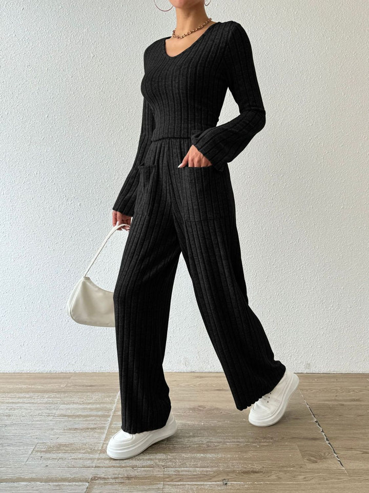 PREORDER: Megan Ribbed V-Neck Long Sleeve Top and Pocketed Pants Set