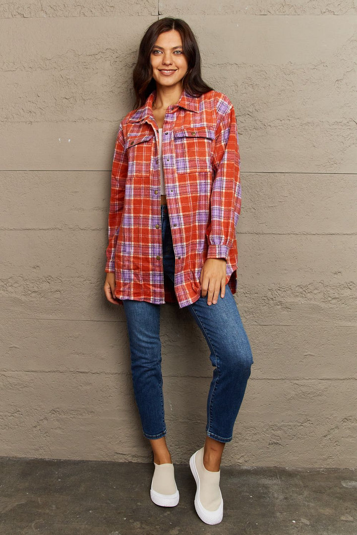 PREORDER: Devlin Full Size Plaid Collared Neck Button-Down Long Sleeve Jacket